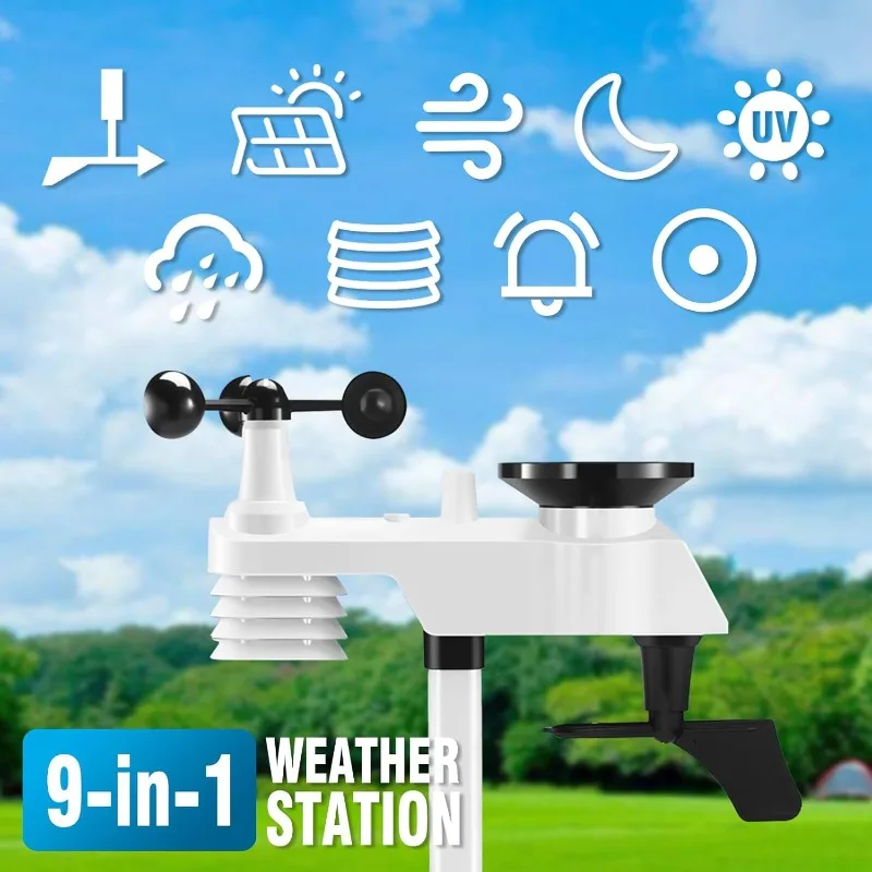 Indoor and outdoor wireless weather station with 9-in-1 sensor and LCD display, rain gauge and wind speed/direction