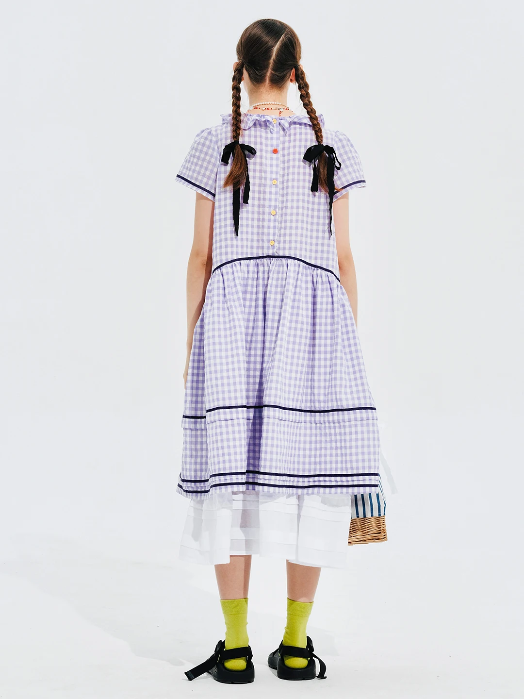 IMAKOKONI original design short-sleeved purple plaid lace stitching summer dress 244657