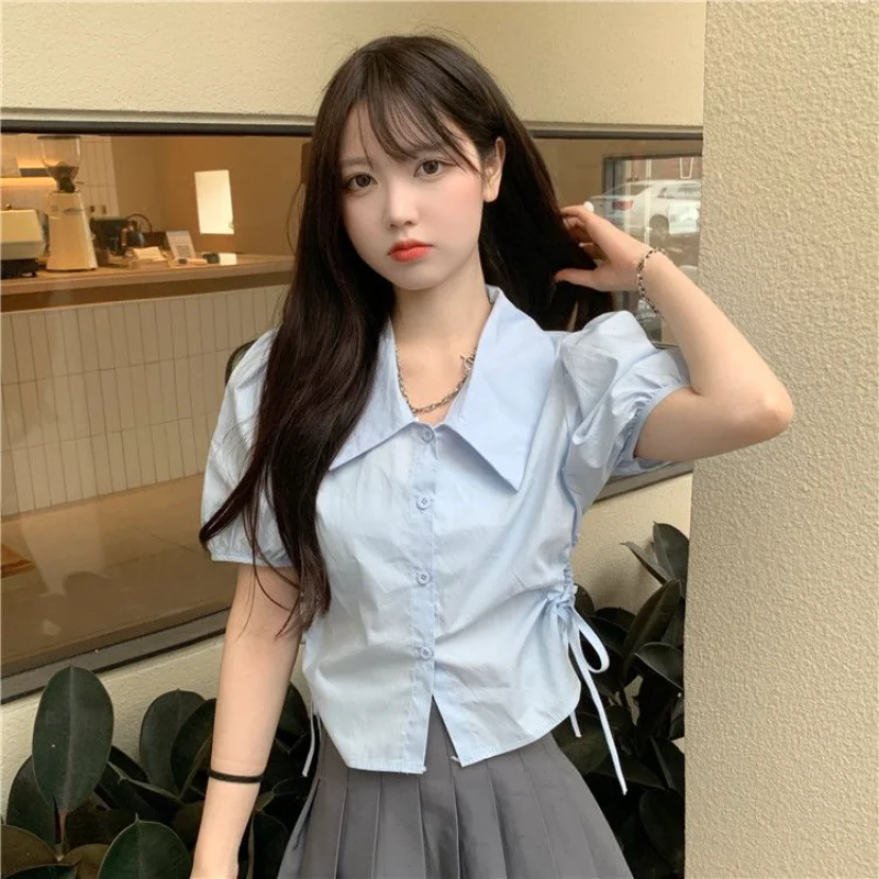 Bandage Shirts Women Hollow Out Slim Hotsweet Solid All-match Summer Students Puff Sleeve Fashion Ulzzang Personality Classic