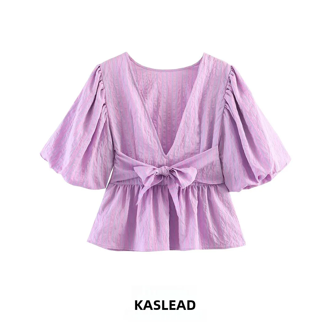 Fashionable Striped Bubble Sleeve Shirt with Bow Knot for Women Breathable Polyester Fiber Loose Fit Short Sleeve V Neck