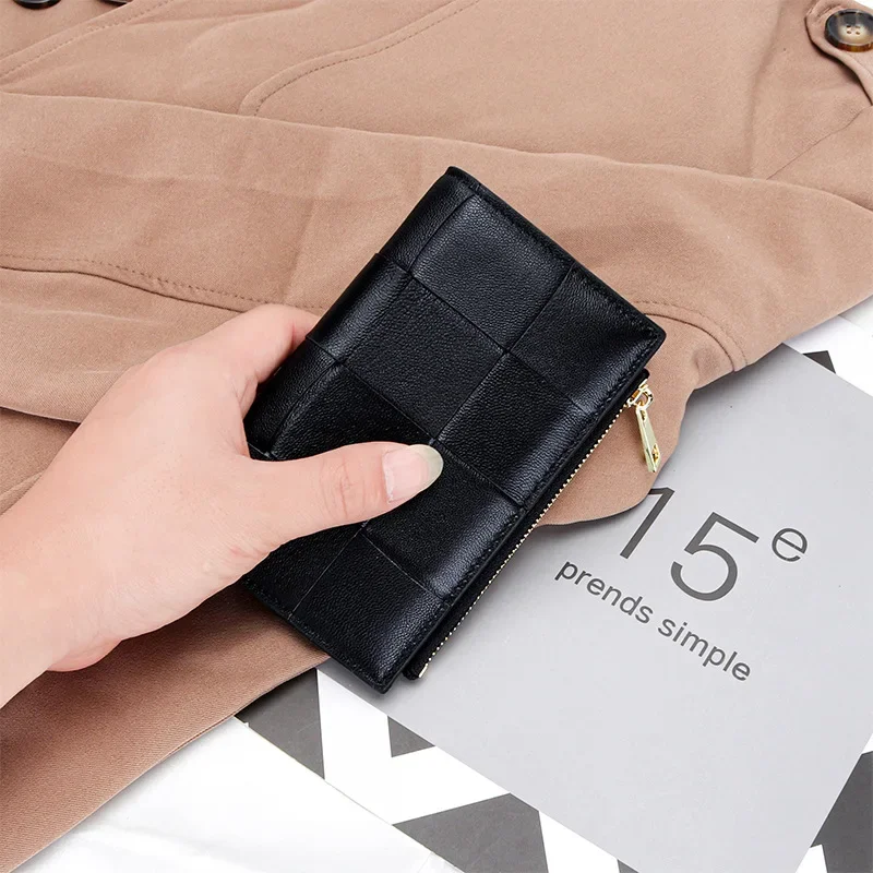 2023 New Sheepskin Card Holder Wallet Multifunctional Women Business Card Organizer Case Box Coin Purse Woven Leather Cardbag