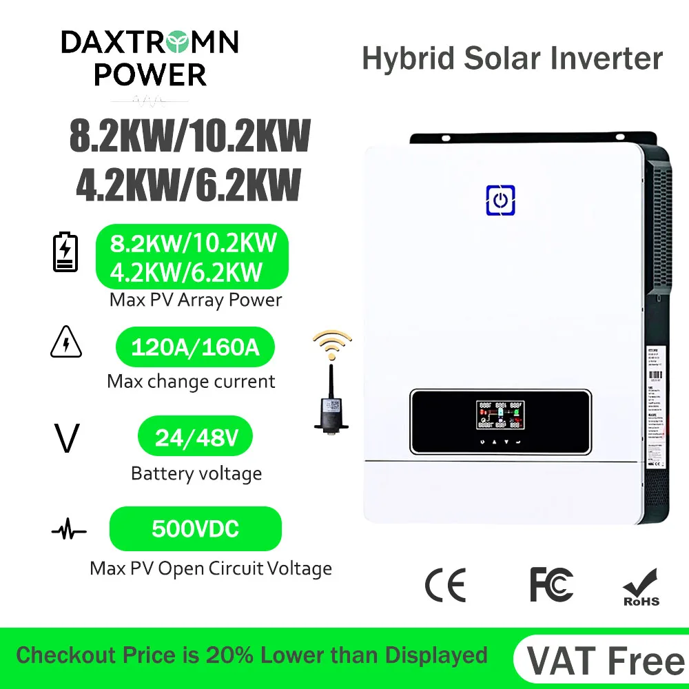 Daxtromn 8.2KW 10.2KW 4.2KW 6.2KW Hybrid Solar Inverter 48V 220V 500VDC Dual 160A MPPT with BMS Pure Sine Wave Solar Charge