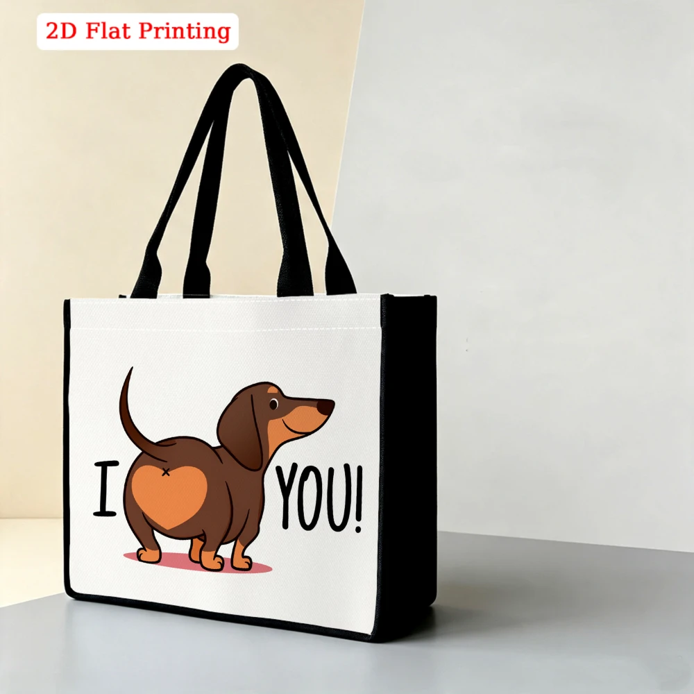 Funny Cute Dachshund Heart Butt I Love You Cartoon Print Large Tote Bag, Whimsical Playful Handbag for Dog Lovers Pet Daily Use