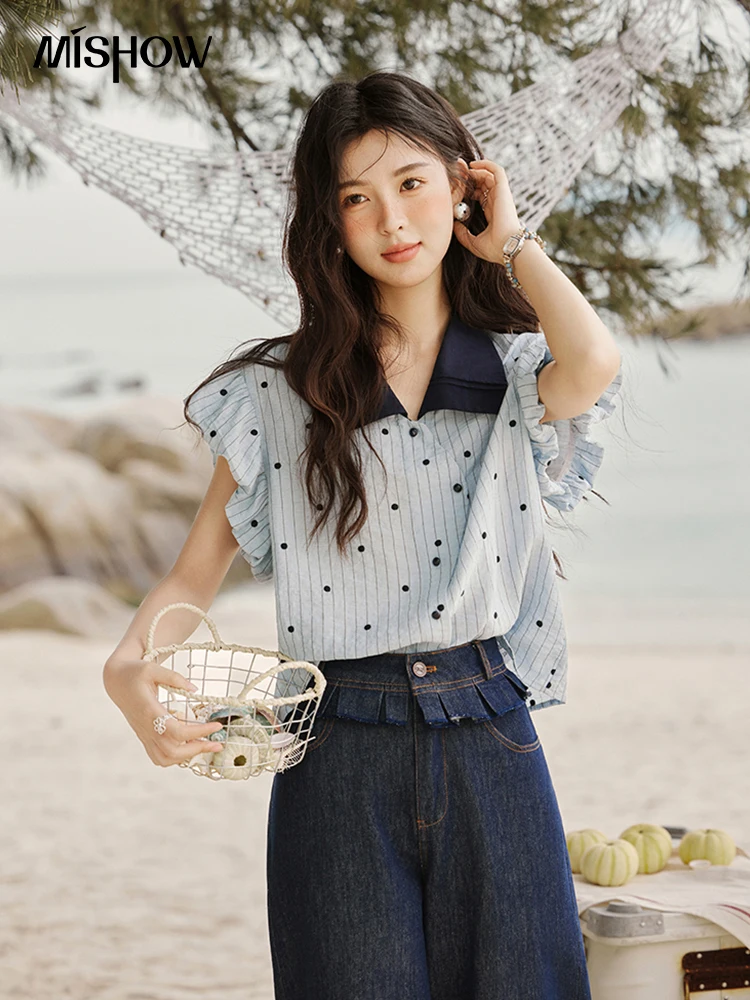 

MISHOW Summer Office Lady Blouses Women 2025 Short Sleeve Turn-down Collar Polka Dot Shirts Female Fashion Slim Tops MXE31C0776