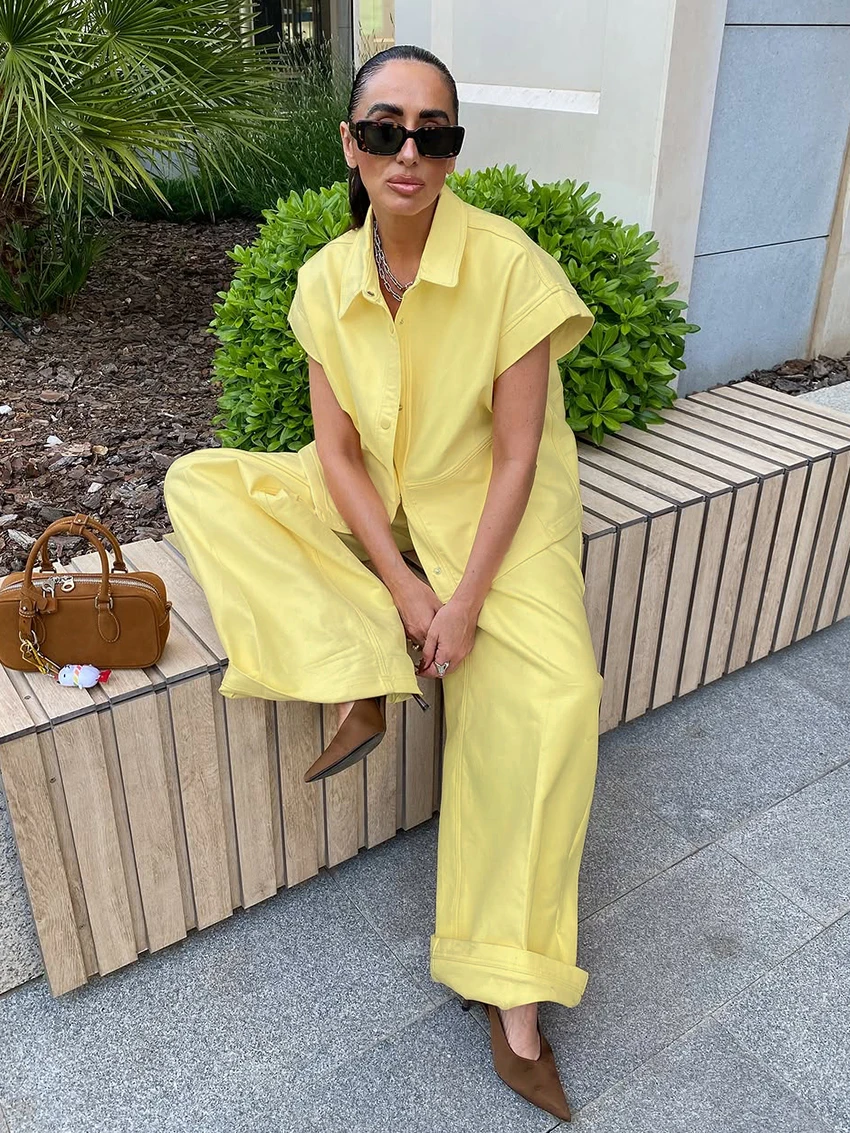 

Marthaqiqi Cotton Female Nightgown Suit Short Sleeve Nightwear Turn-Down Collar Sleepwear Wide Leg Pants Loose Women Pajama Set