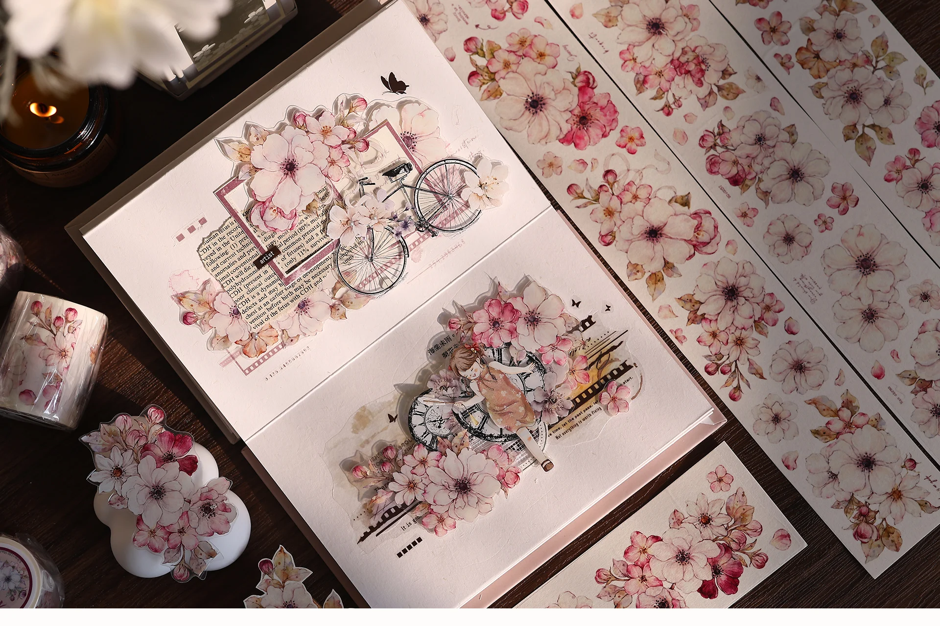 Taoyao Light Retro Pink and White Big Flower Washi PET Journal Sticker Goo Card Tape