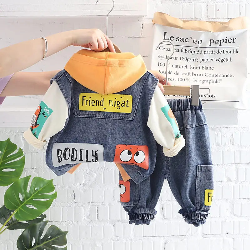 Spring Autumn Children Boys Clothes Kids Clothing Denim Vest Jacket Hoodies Pants 3pcs/Set Infant Cotton Tracksuits 0-5 Years