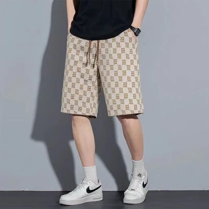 Elastic High Waisted Pockets Men\'s Clothing Geometric Printing Drawstring Summer Knee Pants Preppy Style Vacation Punk Shorts