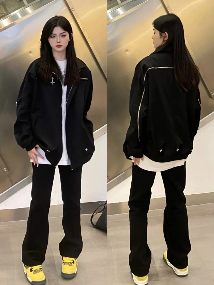 

Retro American Street Star Design Loose Fit Zipper Closure Men's Jaet Autumn High-End Feel Couple's Outerwear Trendy