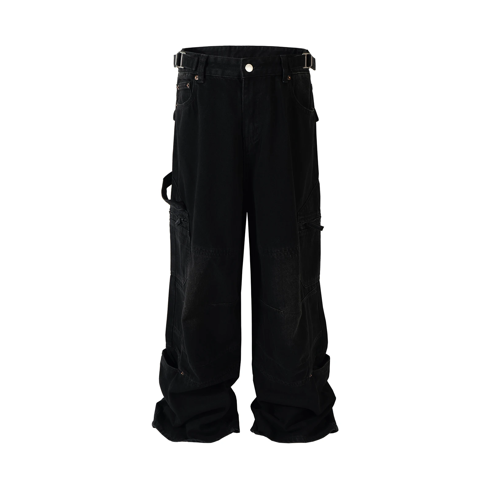 High Street Multi-pocket Washed Black Cargo Pants for Men Wide Leg Baggy Casual Jeans Oversized Baggy Denim Trousers