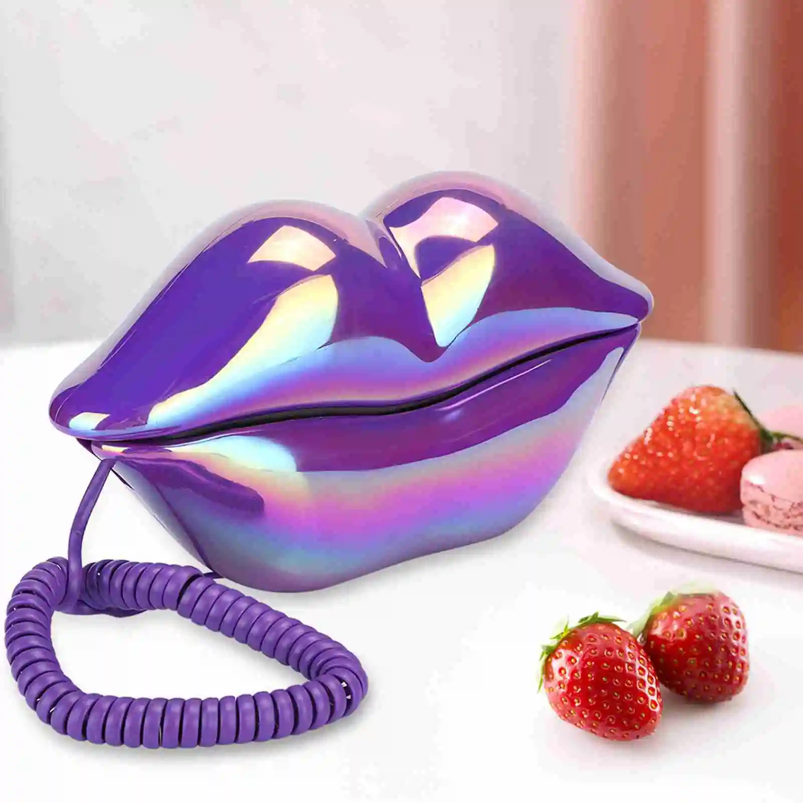【New】Creative Purple Lips Telephone Electroplate Desktop Landline Phone for Home Desk Landline Phone