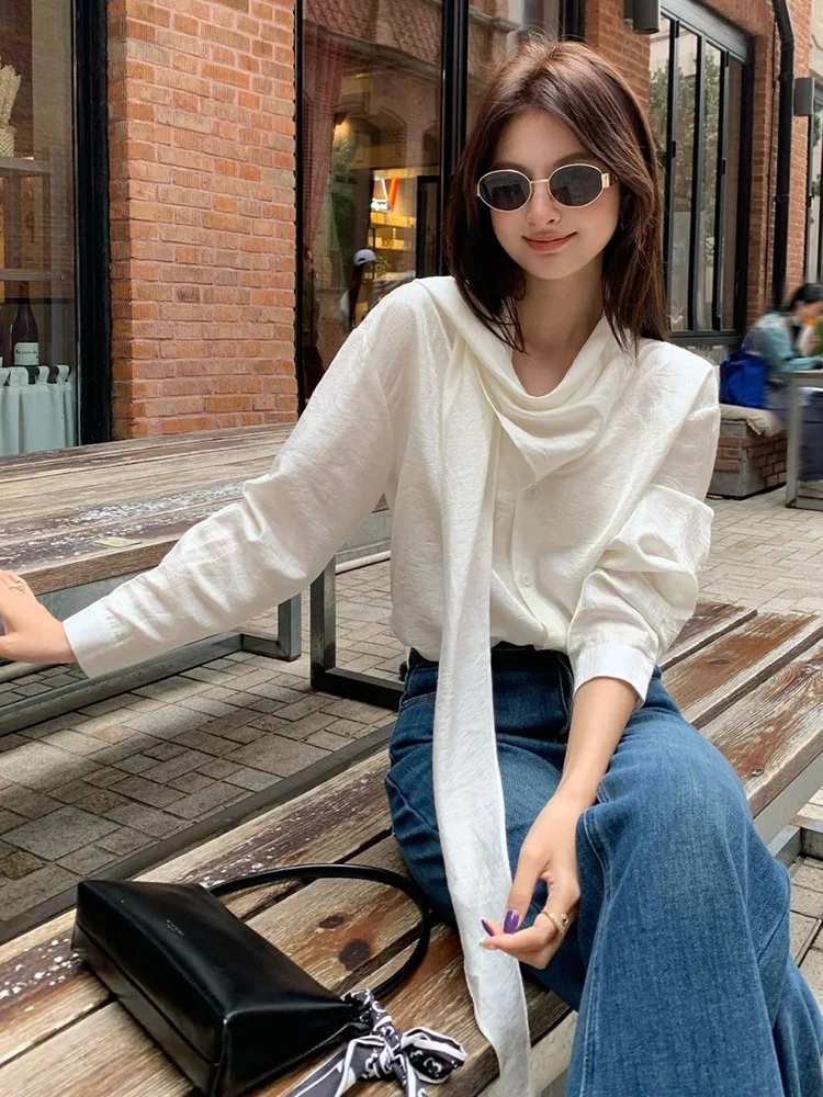 

Elegant Lace Up Shirt Women Fashion Long Sleeve Loose Design Sweet Blouse Korean Female Spring Casual Chic Soft Bow Tops New