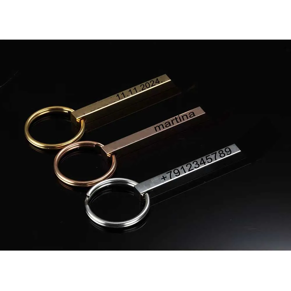 Personalize Keychains 3D Bar Stainless Steel Keyrings 4 Sides Engrave Text Name Date Logo Custom Key Chains Rings Love Gift