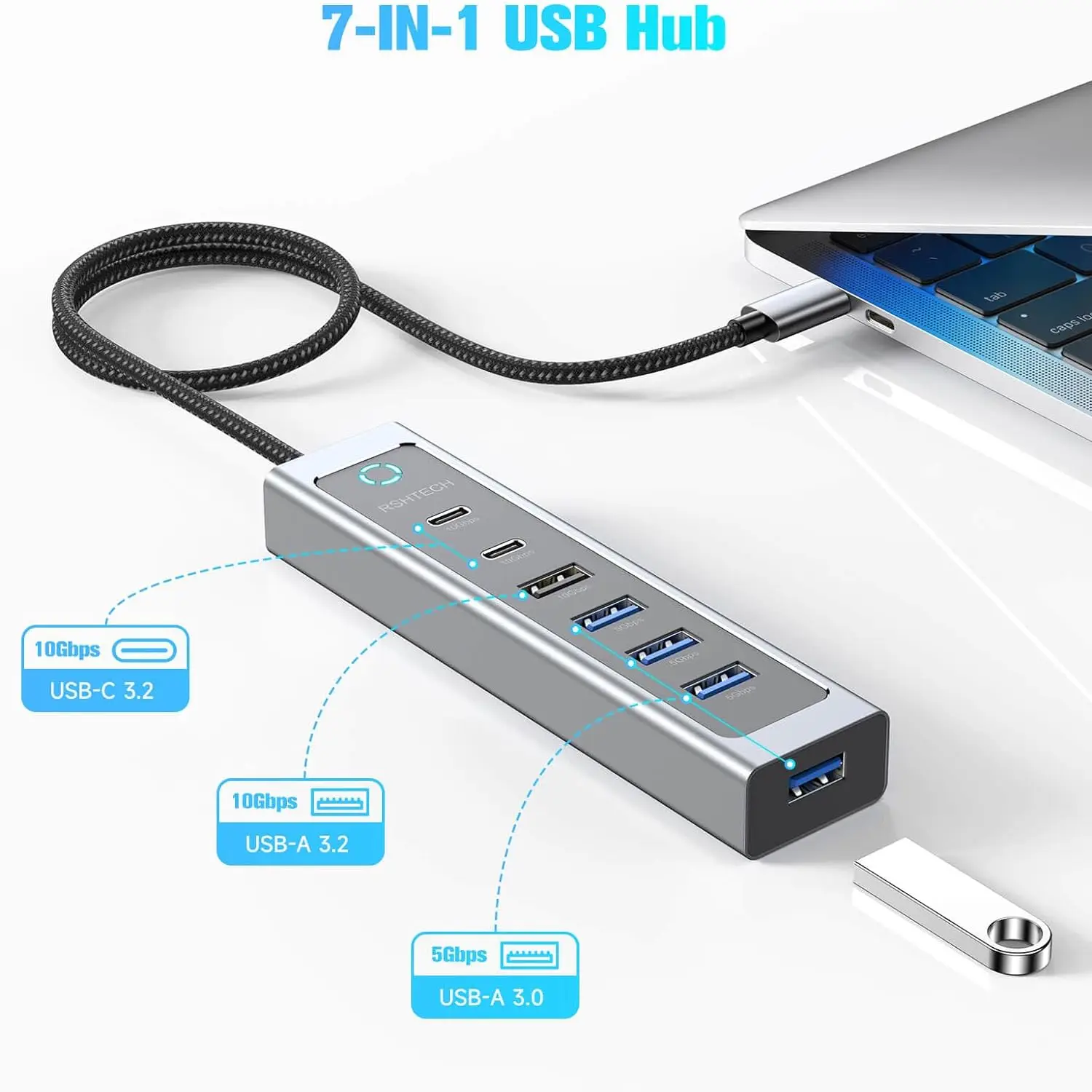 RSHTECH 10Gbps USB Hub with USB-A & 2 USB-C 3.2 Data Ports and 4 USB-A 3.0 Ports Aluminum USB C Hub Multiport Adapter for Laptop