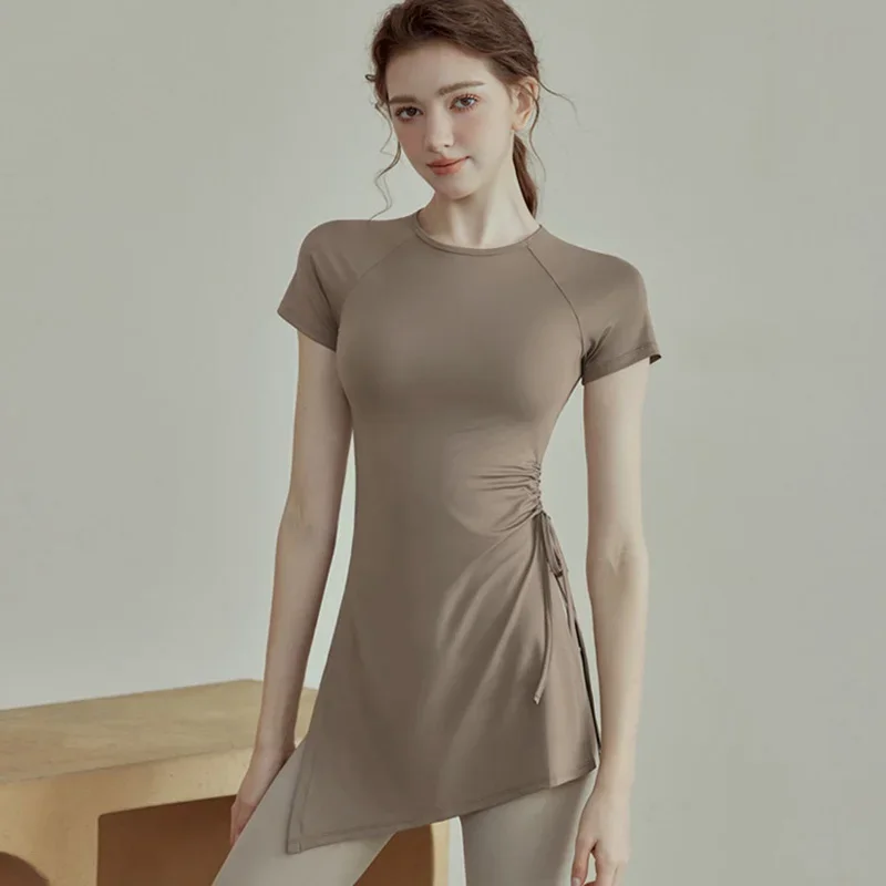 

Women Workout Shirts Short Sleeve Tight Long Shirts Side Drawstring Split Sports Top Female Breathable Fitness Yoga Wear