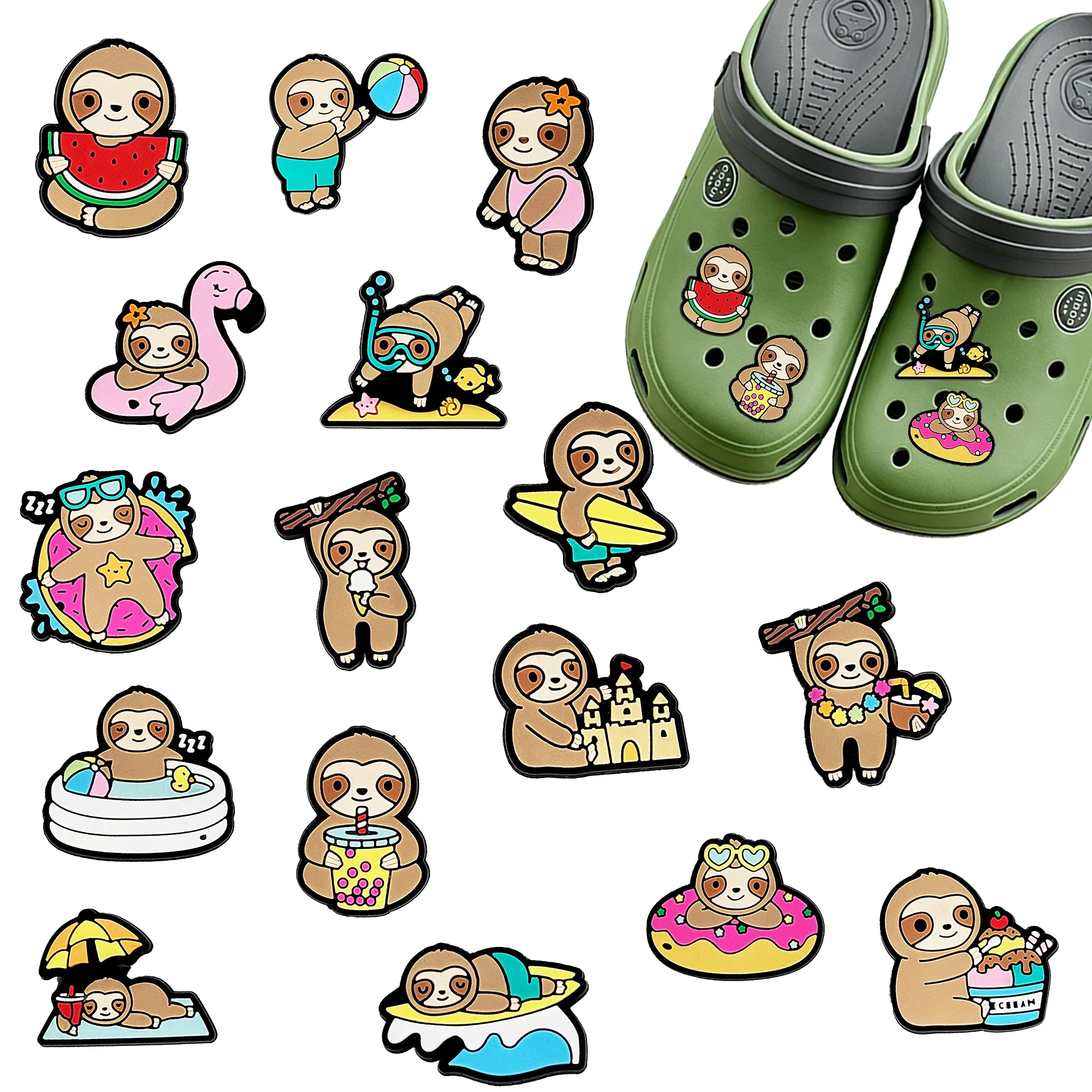 Hot Sales 1-16Pcs Cartoon Cute Sloth Series PVC Shoe Charms Accessories DIY Fashion Sandal Wristbands Decorations Gifts