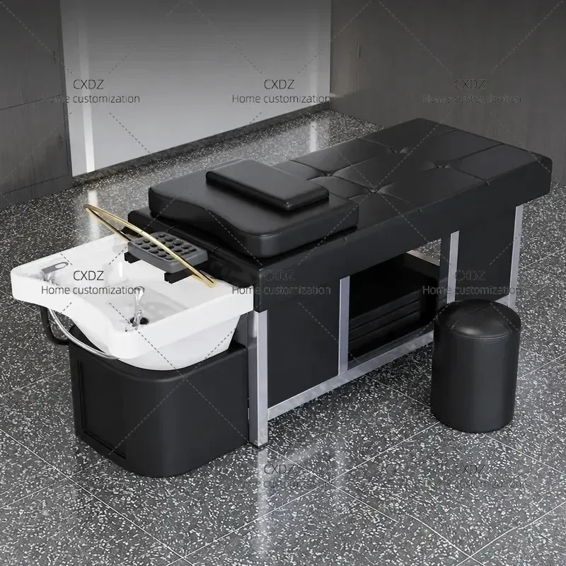 High End Ceramic Basin Steel Frame Shampoo Bed with Moxibustion Water Circulation Fumigation Head Treatment for Barber Shop