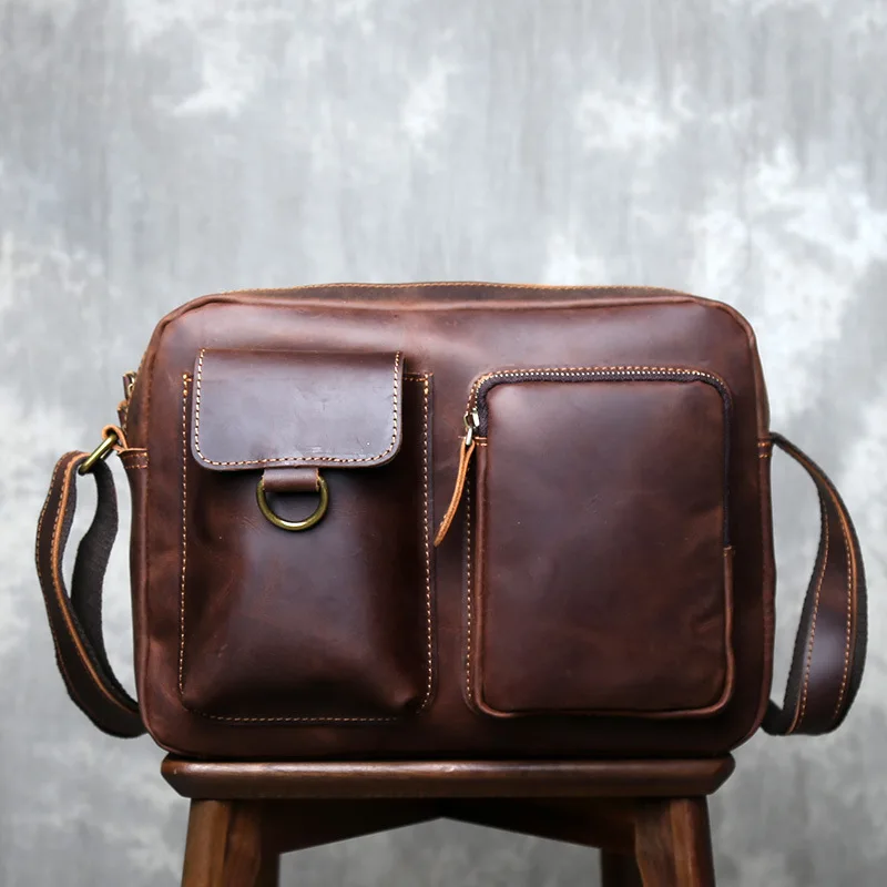 Vintage Crazy Horse Leather Messenger Bag  Retro Top Grain Cowhide Crossbody Satchel, Large Capacity Genuine Leather Anti-Theft