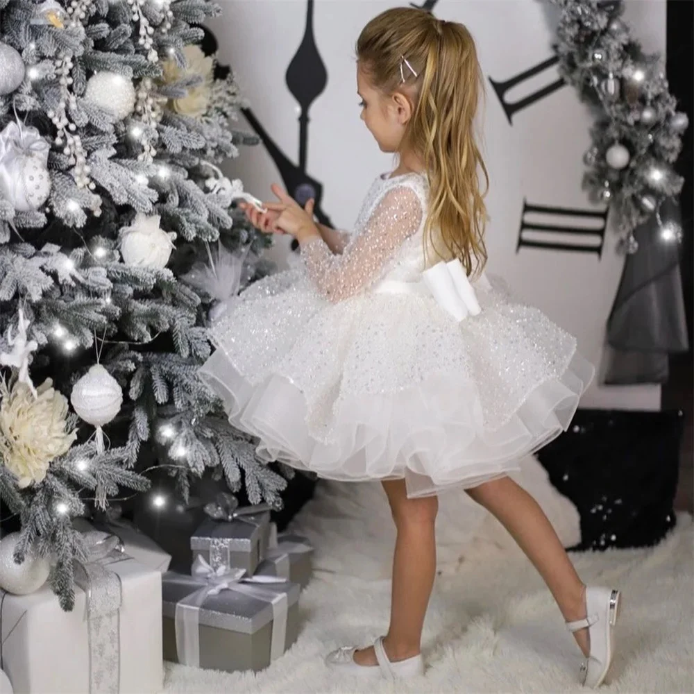 Sparkling Flower Girl Dress For Wedding Tulle Puffy Sequins Princess Kids Birthday Party First Communion Ball Gowns Customized
