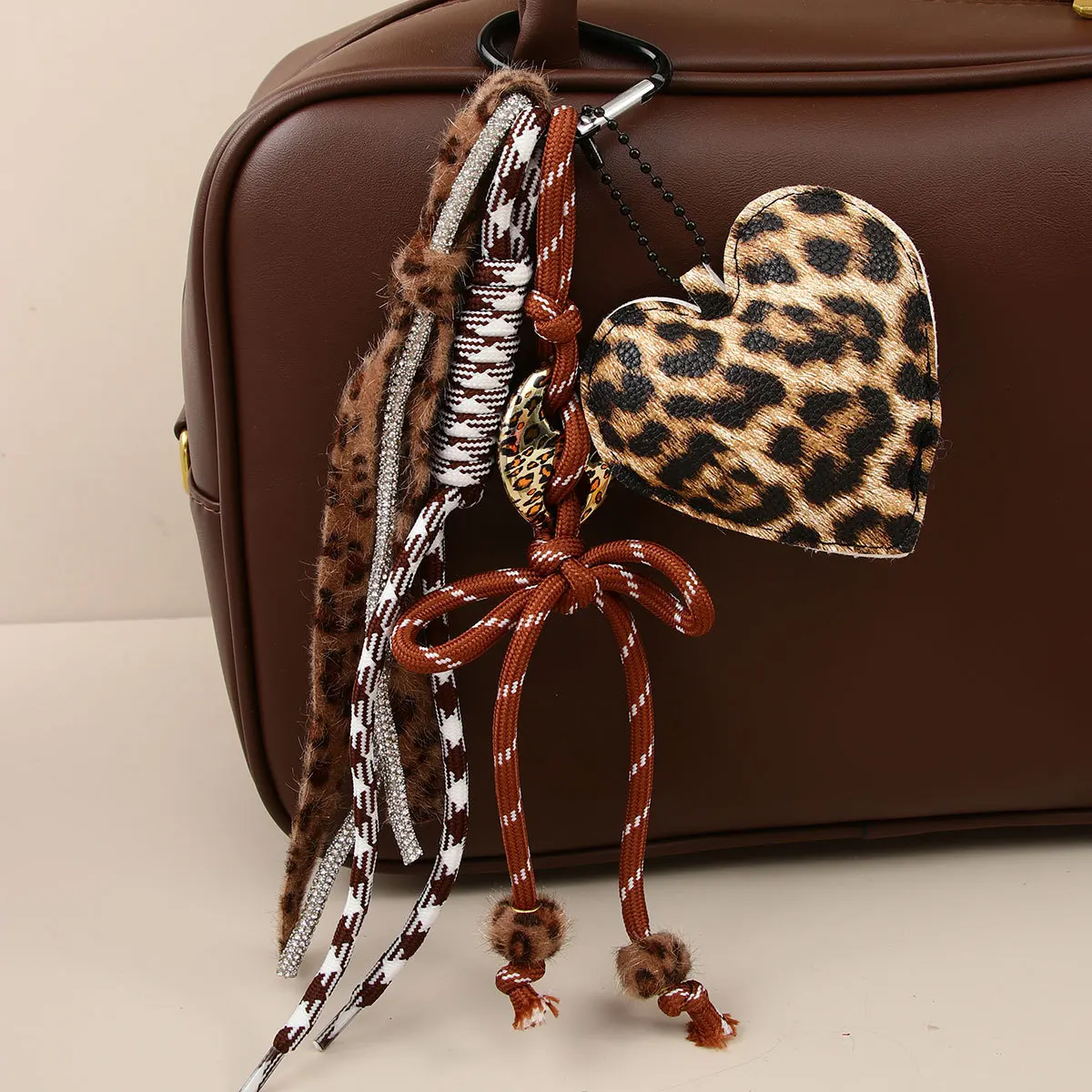 Leather Leopard Heart Keychain Hand Braided Rope Roman Knot Lanyard Keychain Personalized Backpack Accessories for Women