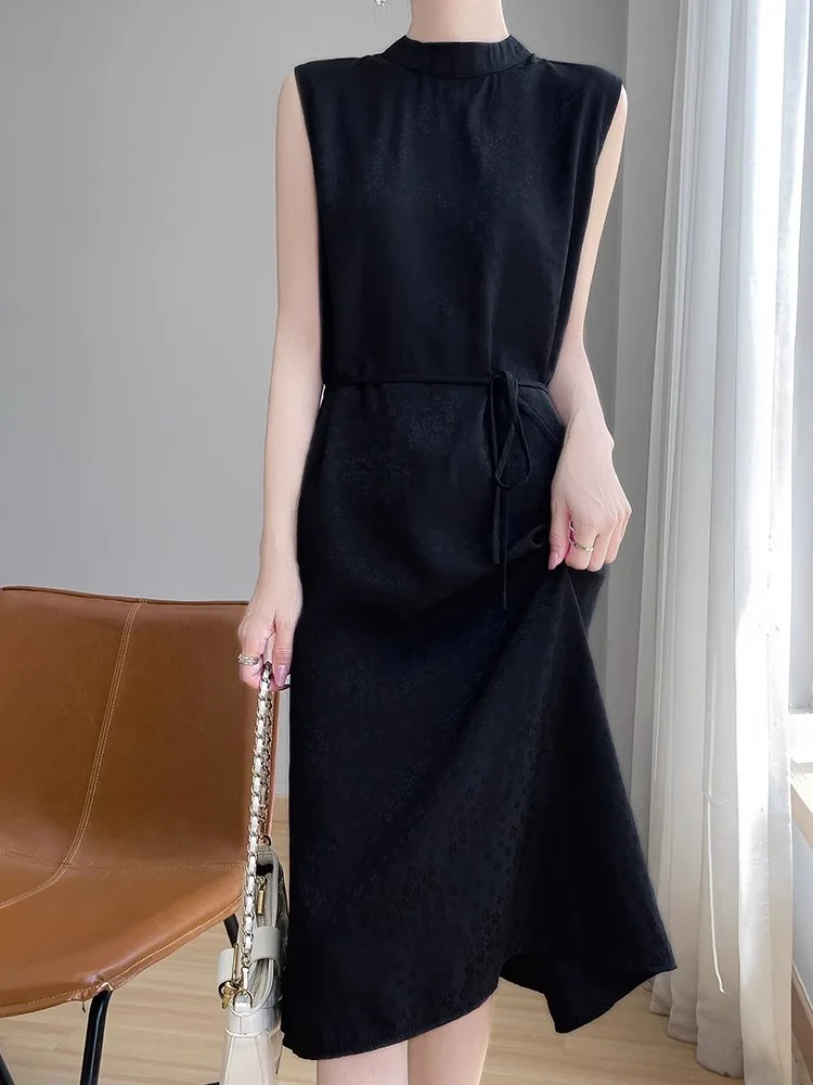 Verão novo sle feminino acetato de seda cetim drapeado neline dr scvel cintura alta a linha midi dr simples commute sle