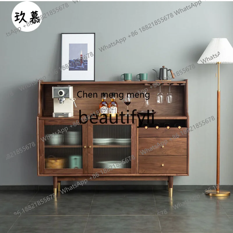 

178Nordic black walnut dining side cabinet living room solid wood wine cabinet multi-functional storage cabinet