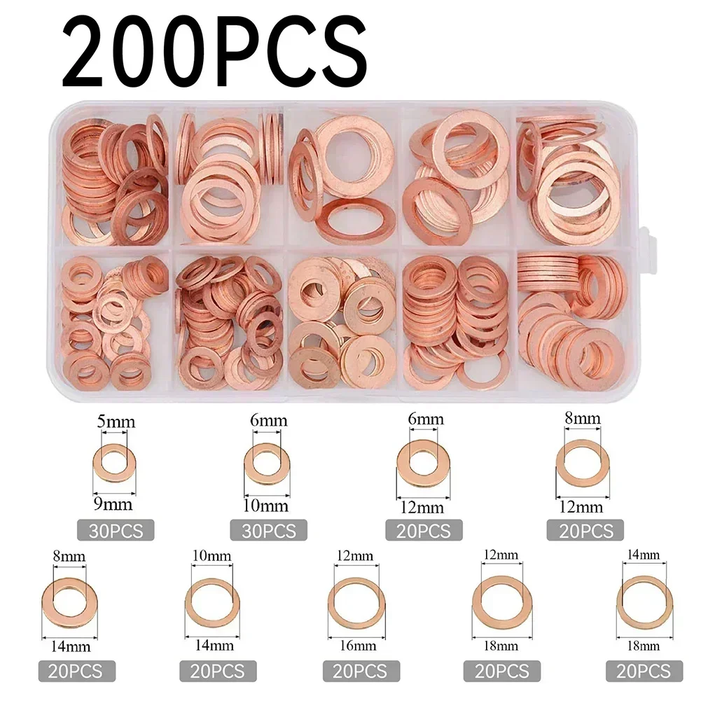 200PCS Copper Washers Set M5-M14 Flat Sealing Rings Heat Resistant Copper Gaskets For Plumbing Automotive Oil Pans Applications