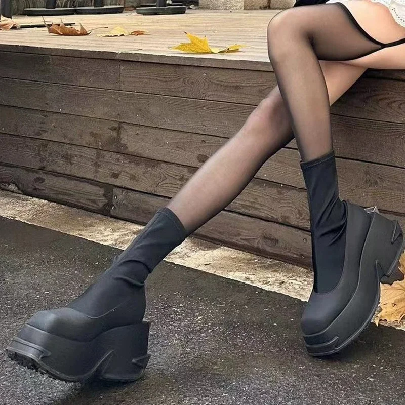 

Black Thick Soled Sock Boots for Women Punk Style Square Toe Thick Sole Height Increasing Elastic Sleeve Short Boots Shoes