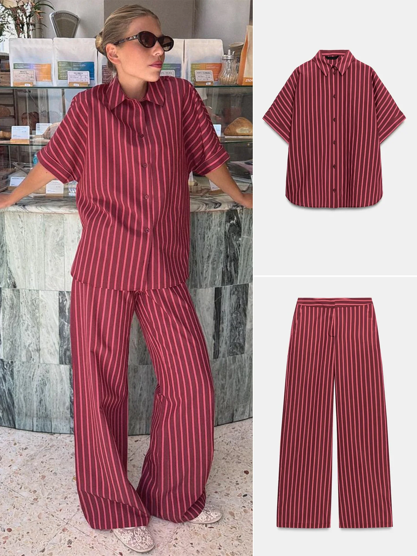 Cuffed Short Sleeve Button up Shirt Striped Wide Leg Pants Two Piece Set High Waist Long Length Color Block Pattern Women's F...