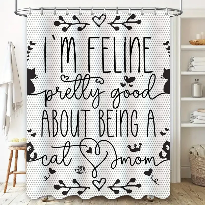 Black White Cat Shower Curtain Decor with Feline Heart Mom Love Quote for Bathroom Accessories Home Textiles Decoration (180x195