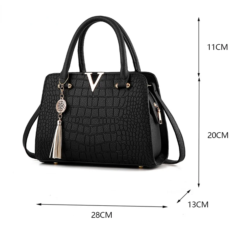 Fashion Women Handbags Tassel PU Leather Totes Bag Top-handle Embroidery Bag Shoulder Bag Lady Simple Style Crocodile pattern