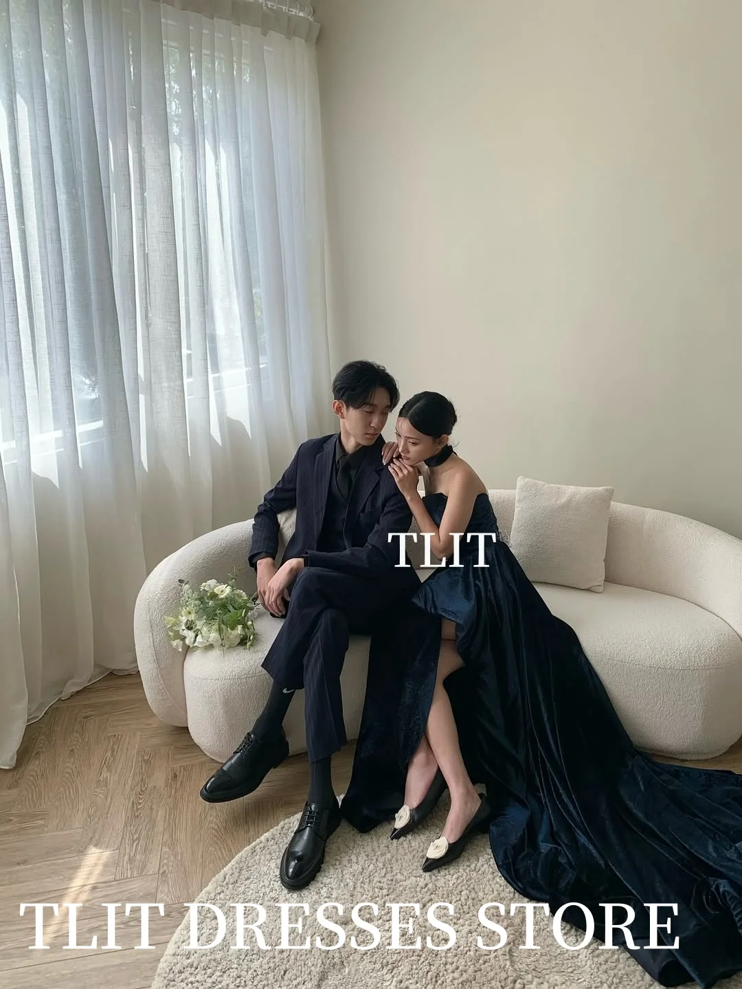 TLIT-vestido de noche moderno de terciopelo azul profundo, vestidos de novia coreanos, sesión de fotos, vestido de graduación sin tirantes personalizado