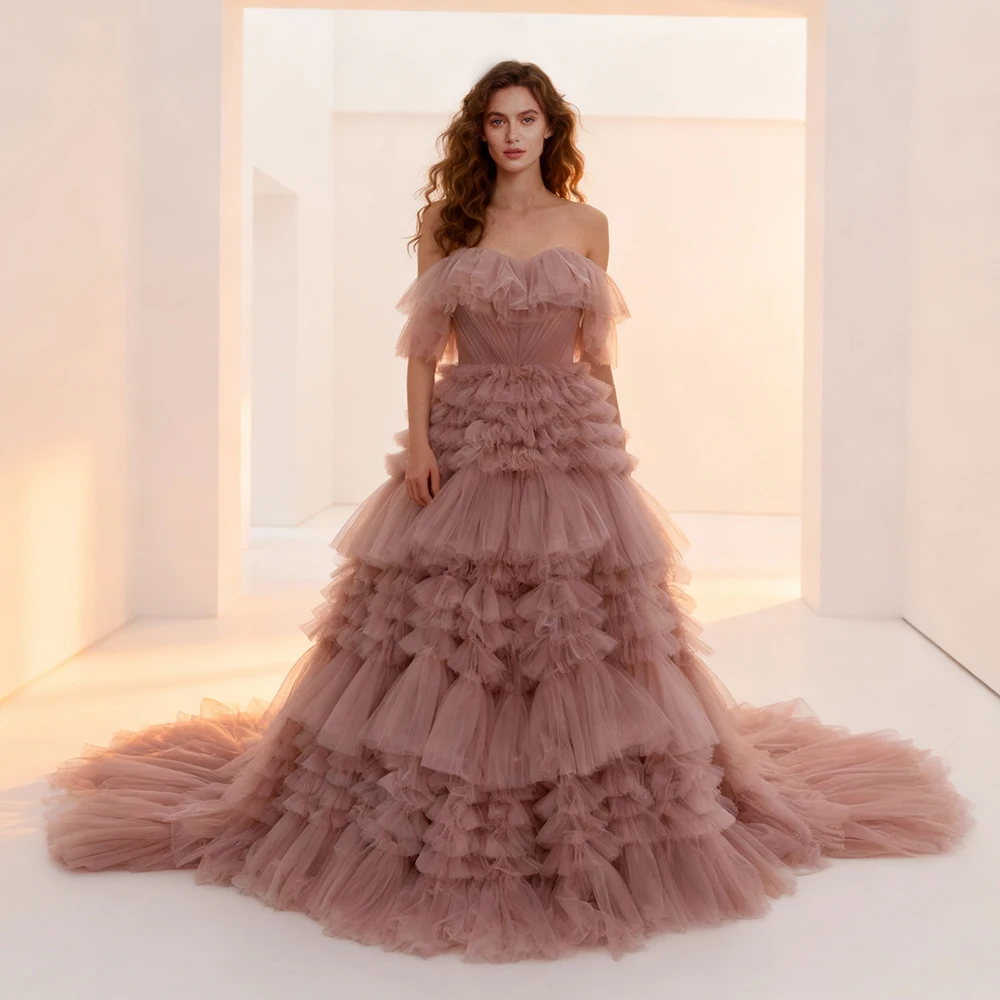 فساتين أنيقة بدون أكتاف مكشكشة متدرجة مناسبة مخصصة للمناسبات الخاصة فستان حفل نسائي لالتقاط الصور YW231157