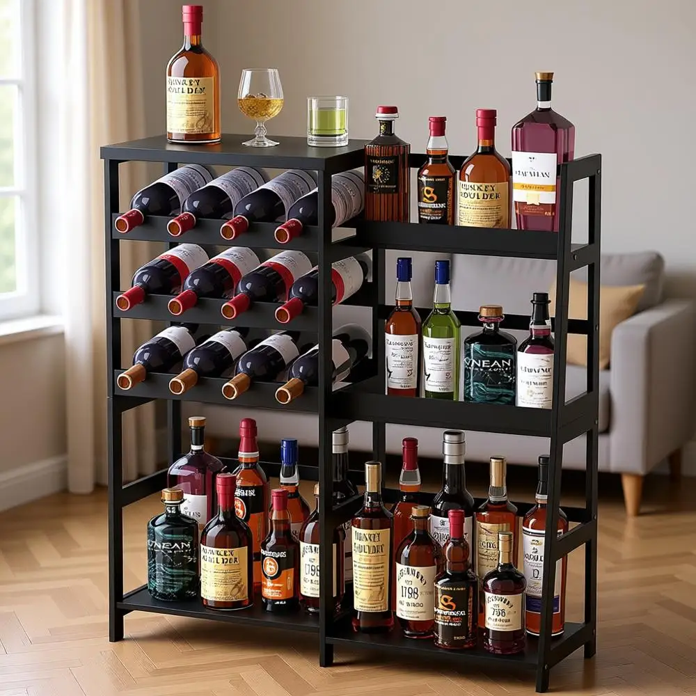 

Elegant Bamboo Home Bar with Trapezoidal Liquor Bottle Display Shelf, Ideal for Living Room, Black