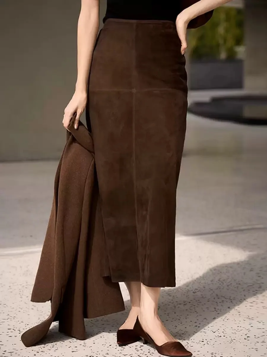 Retro High Grade Suede Real Leather Long Skirt 80cm For Women Upgraded Imported Jupe Back Split Waist Loop Faldas Ankle-Length