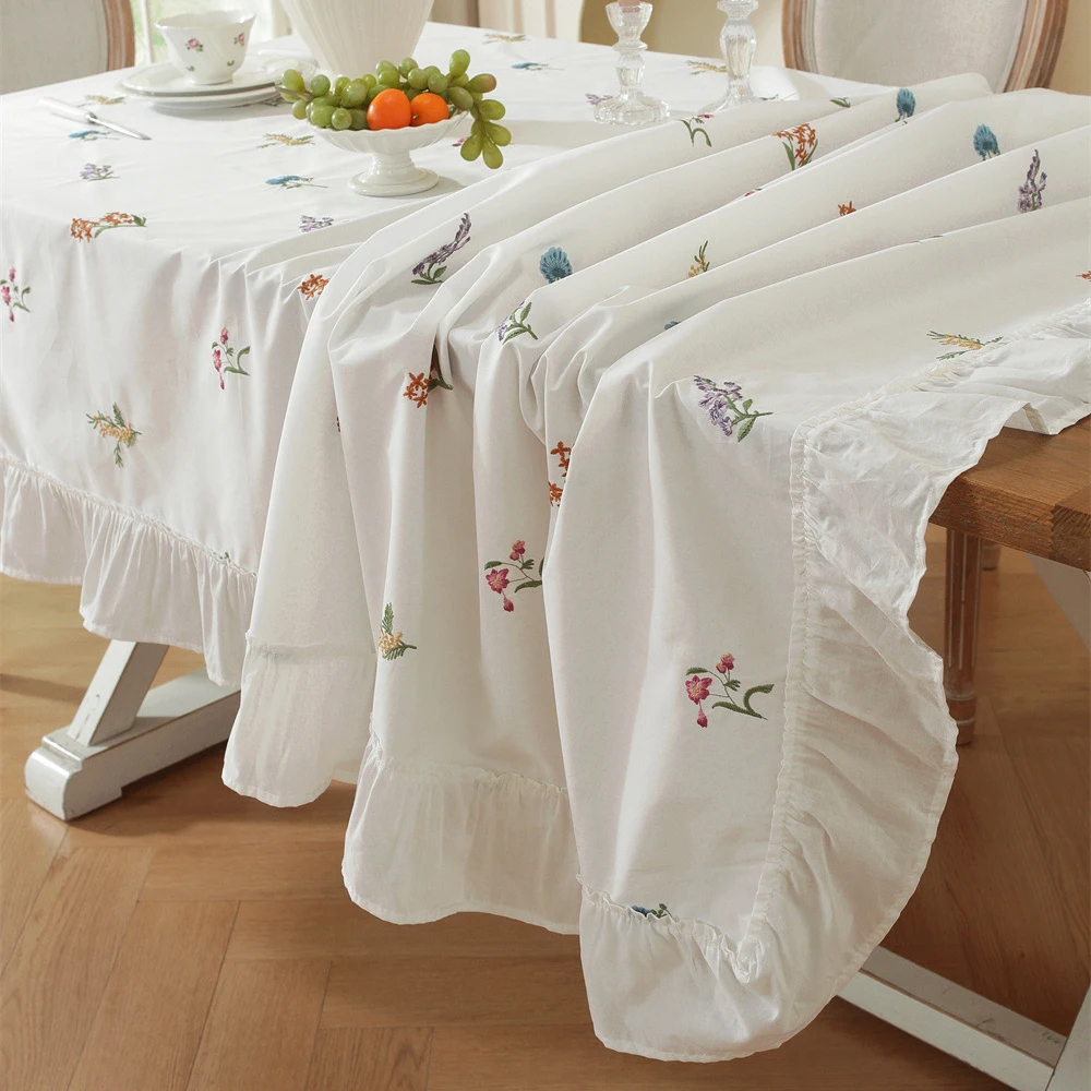 Cotton Embroidered Floral Tablecloth Flounced Ruffled Leaf-Shaped Wooden Ear Round Waterproof Coffee Table Cloth Tablecloths