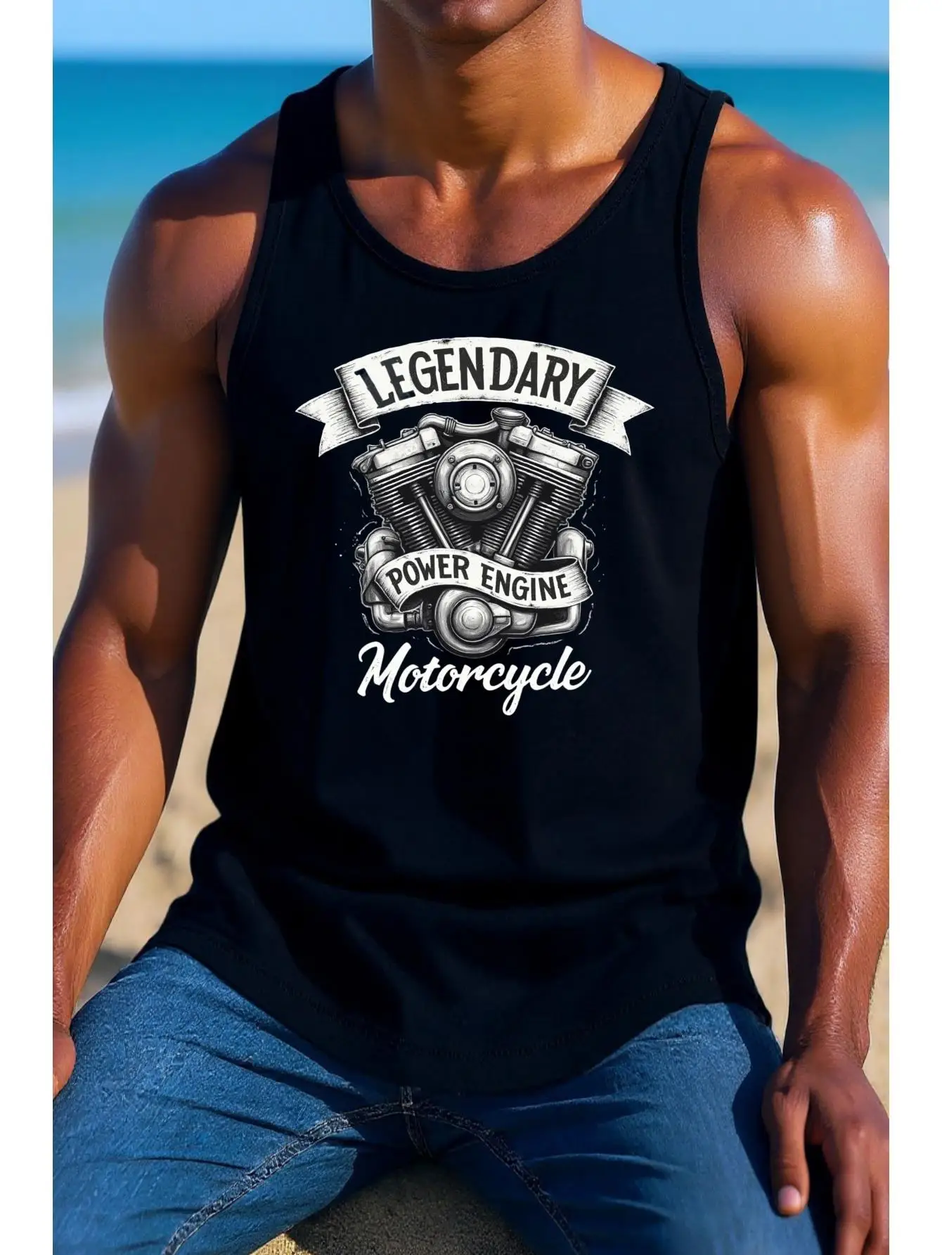 Men's sleeveless motorcycle vest - The legendary power engine pattern, black with white and red accents