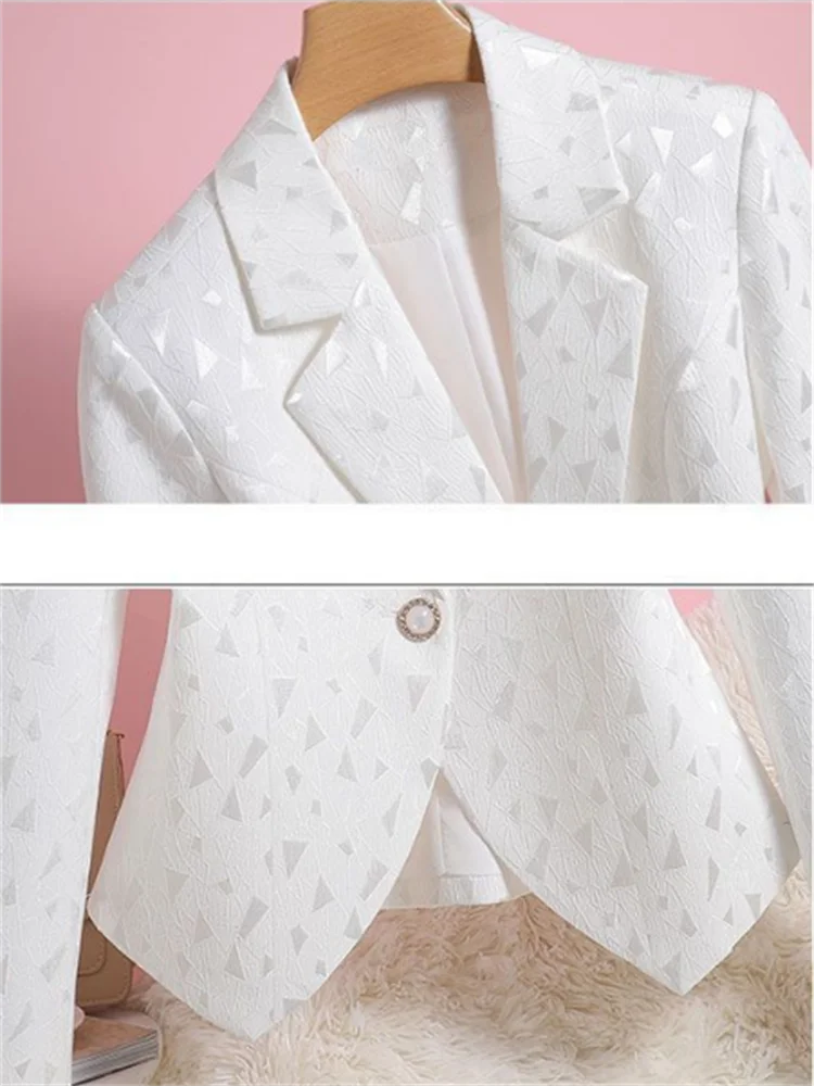 Casaco fino para mulheres, blazer de diamante Jacquard, jaqueta simples para senhoras do escritório, outwear para mulher, roupas brancas, primavera e outono