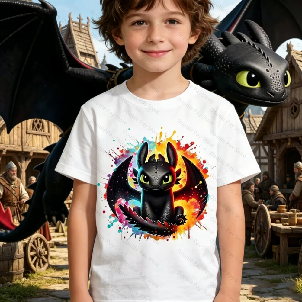 T-shirt Enfant Sans Dents avec Motif Dragon, Manches Courtes, Col Rond en Coton, Haut Décontracté Quotidien, T-shirt Tendance pour Enfants, T-shirt Femme