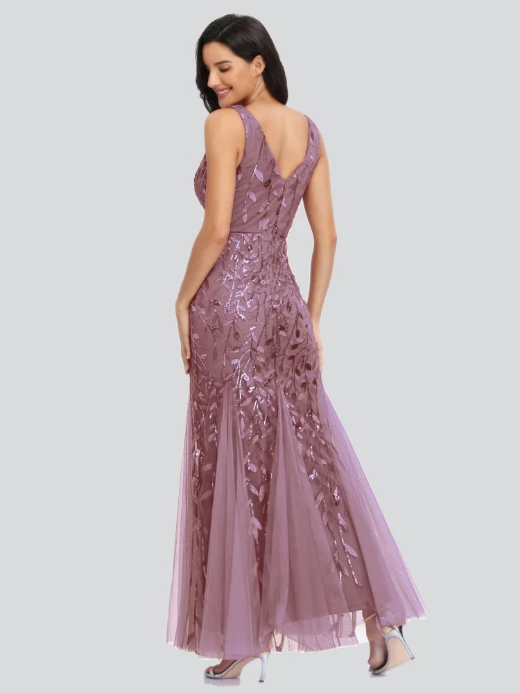 Tecido frisado bordado sem mangas Ballgown, Decote em v, Elegante vestido sereia, Vestido de festa formal, Abiti Da Sera Robe