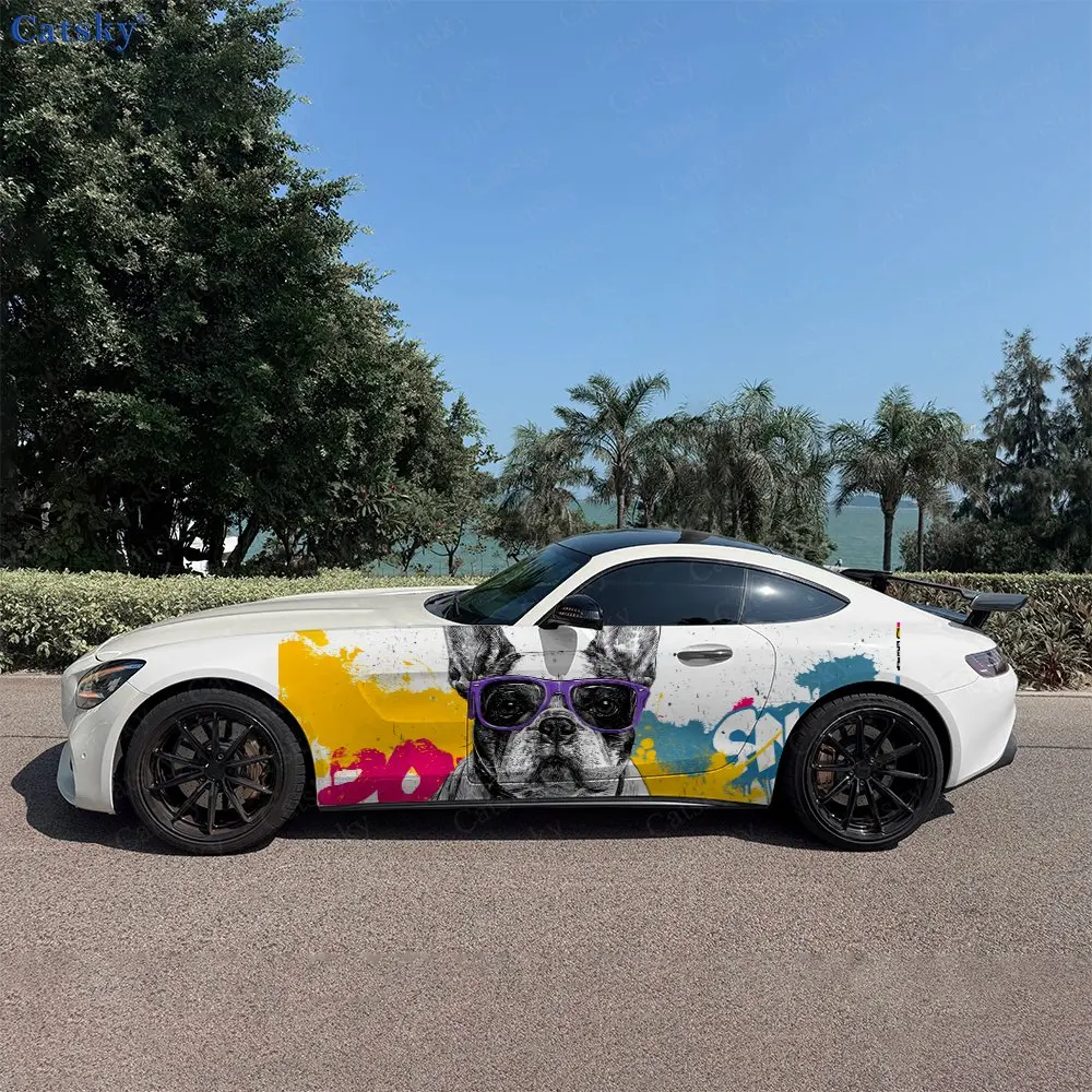 2pcs Color Block Splatter French Bulldog Car Side Wrap, Self-Adhesive PVC Waterproof & Scratch-Resistant Stickers, Car Accessory