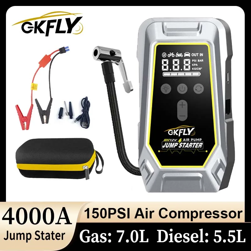 GKFLY 4000A Avviatore di emergenza per auto con compressore d'aria 2000A Caricatore booster portatile Dispositivo di avviamento batteria per pompa d'aria per auto 12V