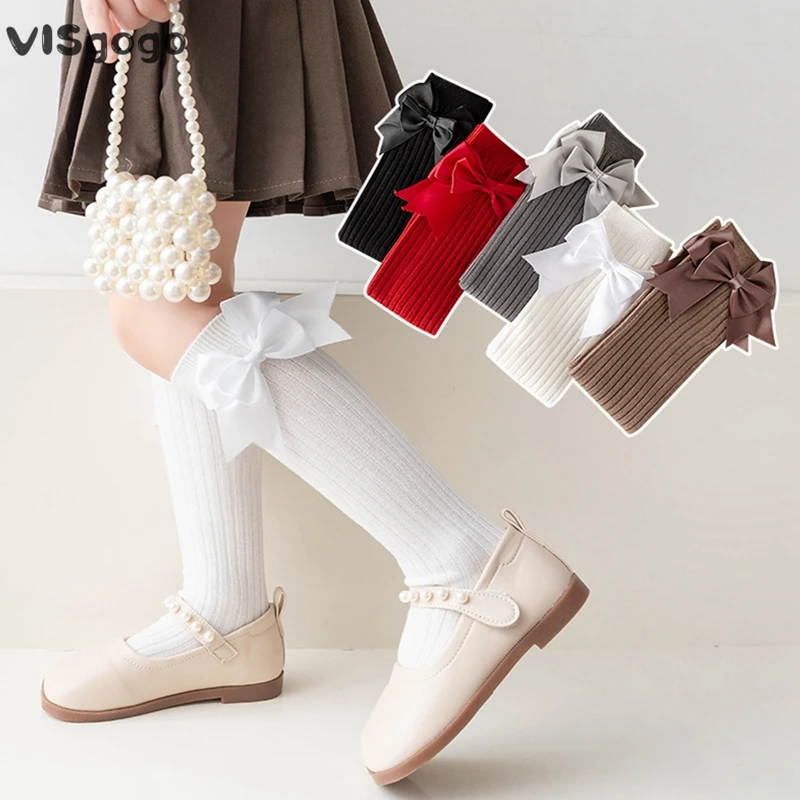 

VISgogo Little Girl Lolita Knee High Socks Big Bowknot Ribbed Sweet Long Stockings Soft Crew Socks Spring Fall Warm Stockings