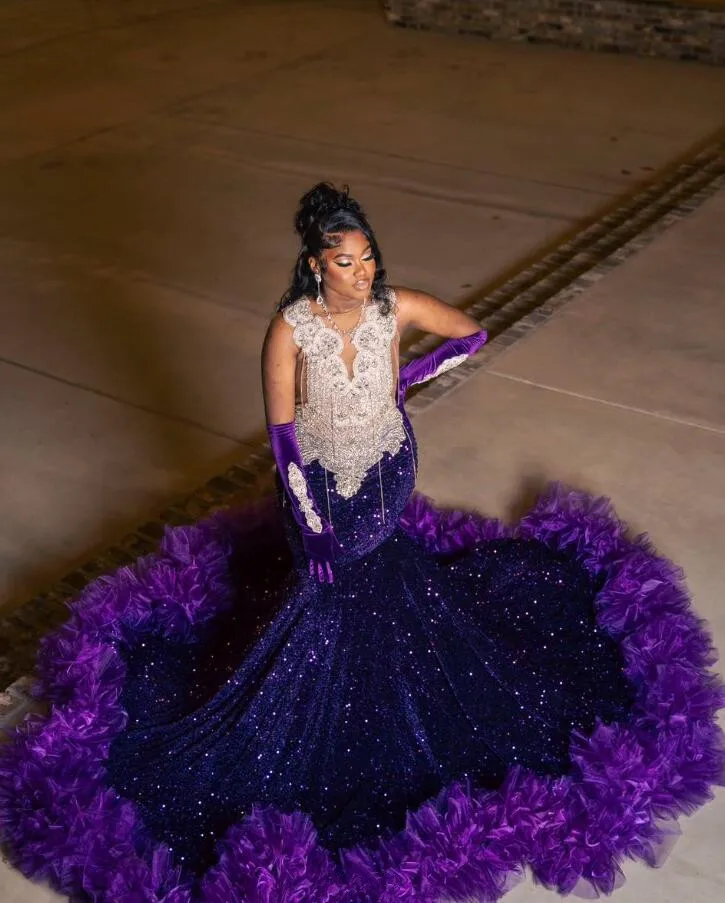 Purple Sparkly Long Prom Occasion Formal Dresses for Black Girl Luxury Diamond Tassel Evening Birthday Gala Dress Plus Size