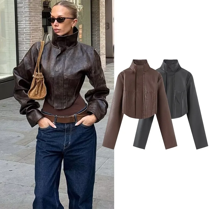 CHARMCHANT Women's High Stand Collar Cropped Faux Leather Jacket Long Sleeve Zip Up Moto Outerwear Streetwear Spring Fall 2026