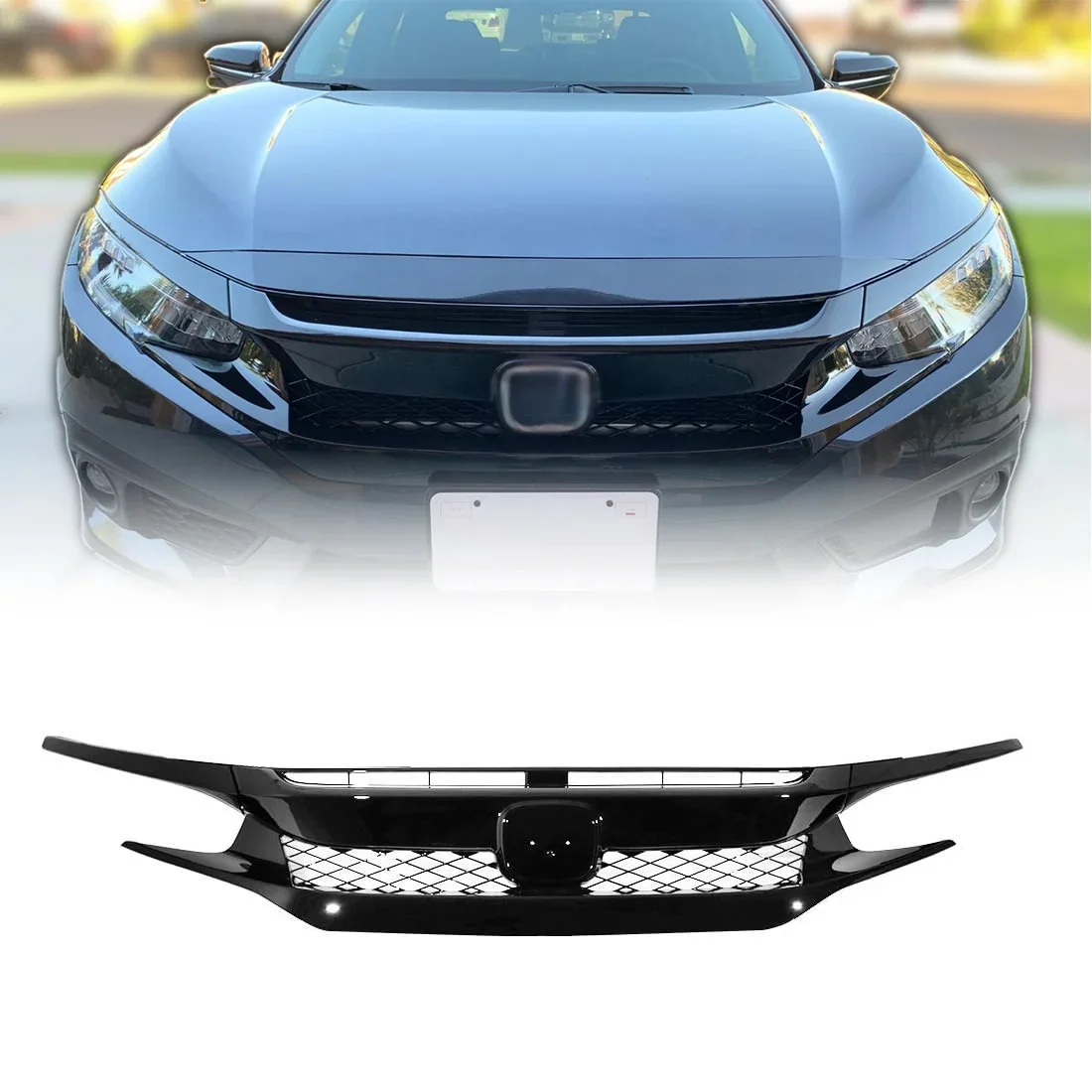 

Front Bumper Grill Car Grills Type R Style Grille for 2016-2018 Honda Civic Sedan/Hatchback Glossy Black ABS