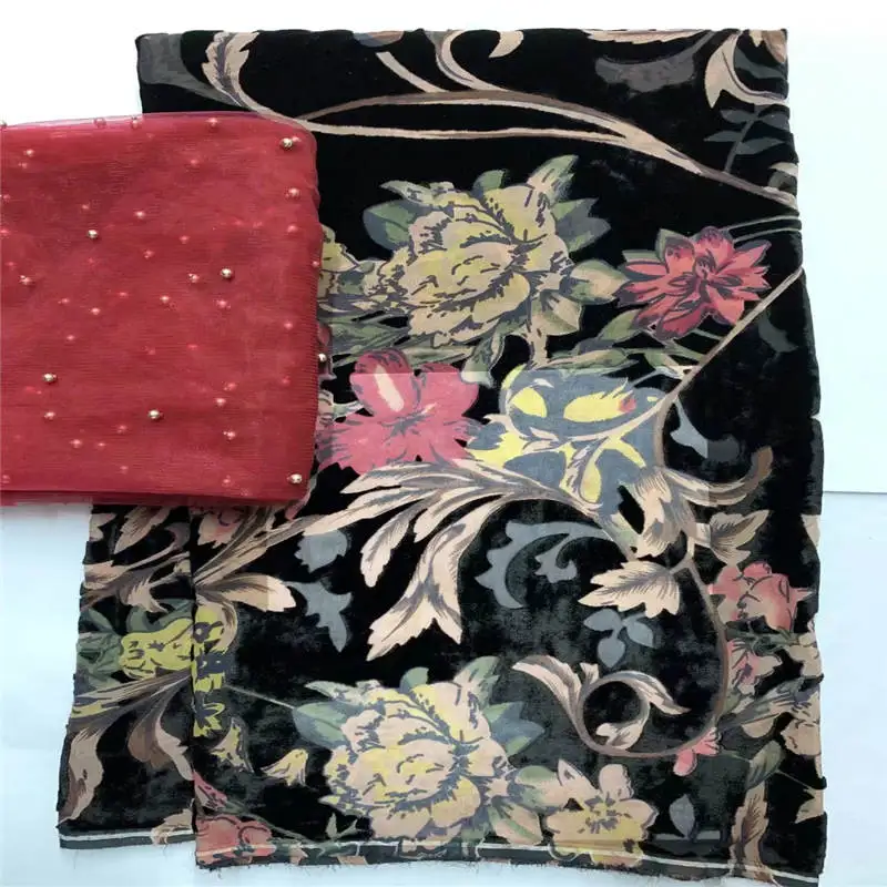 5+2 Yards High Quality African Velvet Fabric For Ladies To Wear Soft And Comfortable Printed Silk Velvet Fabric.517