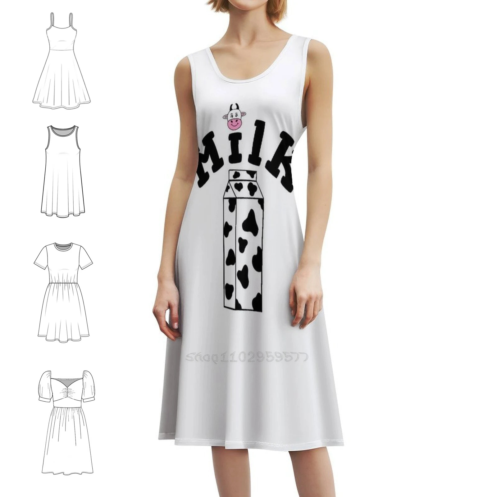 

Забавное мини-платье из коровьего молока в консервативном стиле для женщин, трапециевидное свободное повседневное дневное платье, коробка для молока, милая коробка для молока