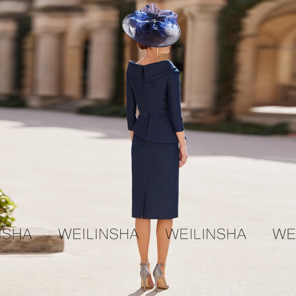 High Quality Mother of the Bride Dresses 2025 Satin Sheath/Column Cocktail Party Navy Blue V-neck Embroidery Split Prom Gown Mid