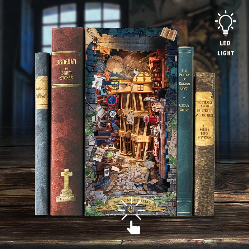 Magic Night Alley Bookshelf with LED Lights Bookends DIY Wooden Book Nook Shelf Insert Kit Miniature Building Kits Friends Gifts